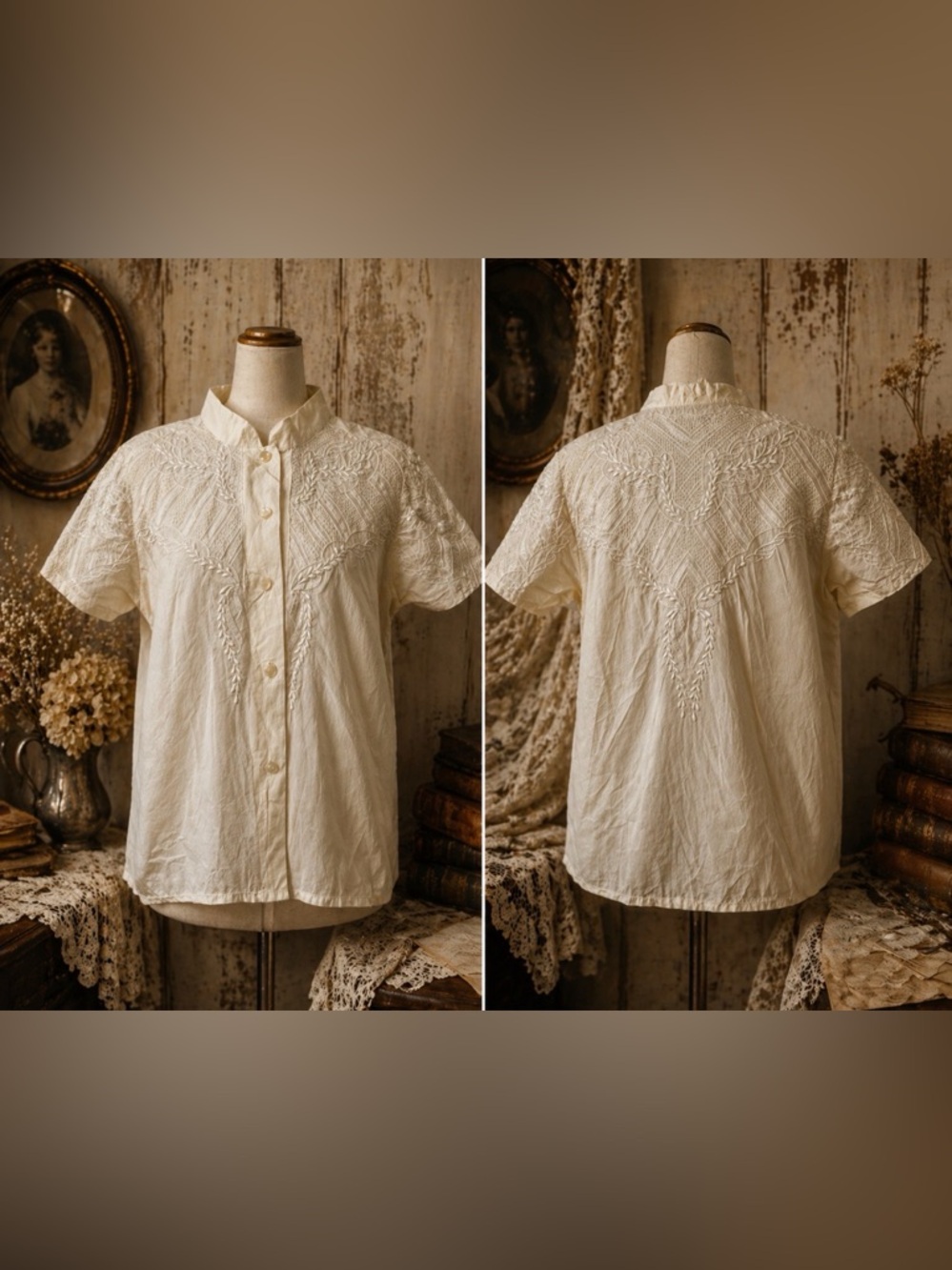 Vintage Embroidered Cream Short-Sleeve Button Front Blouse size small
